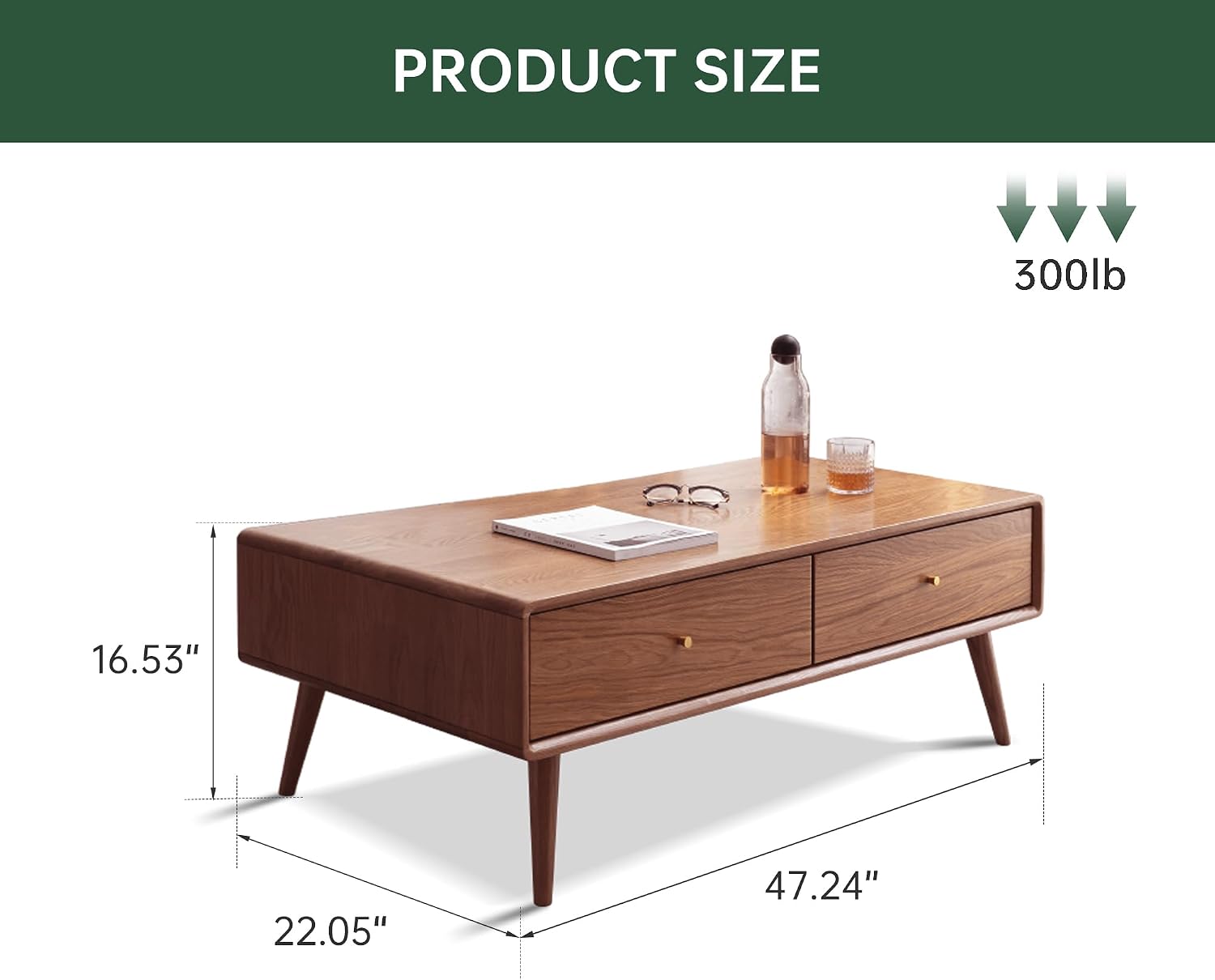 47.24" Solid Wood Coffee Table with Large Storage for Living Room, Oak Coffee Table with 4 Drawers, Mid-Century Modern Coffee Tables for Home (Walnut Color)