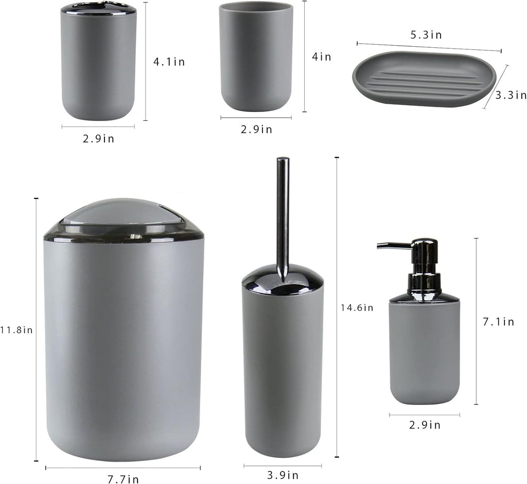 IMAVO Bathroom Accessories Set,Grey Bathroom Set,7 Pieces Bathroom Accessory Set,Tray,Toilet Brush,Trash Can for Bathroom Décor and Housewarming Gifts
