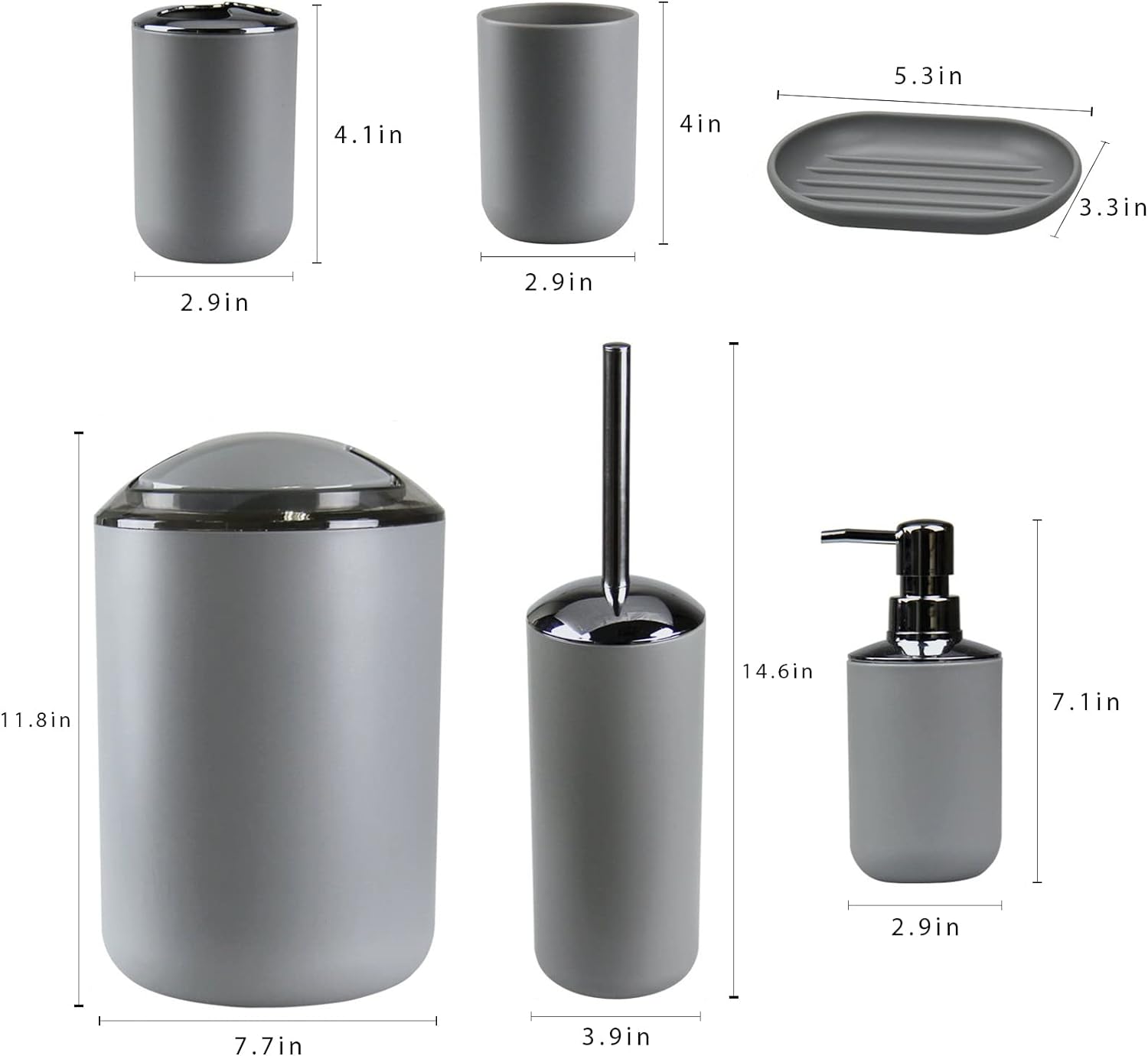 IMAVO Bathroom Accessories Set,Grey Bathroom Set,7 Pieces Bathroom Accessory Set,Tray,Toilet Brush,Trash Can for Bathroom Décor and Housewarming Gifts