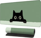 Cute Black Cat Large Mouse Pad – Extended Desk Mat 31.5 x 11.8 in– Kawaii Kitty Peeking Over Edge, Green Background, Non-Slip Rubber Base, Waterproof Keyboard & Mouse Pad for Office or Gaming