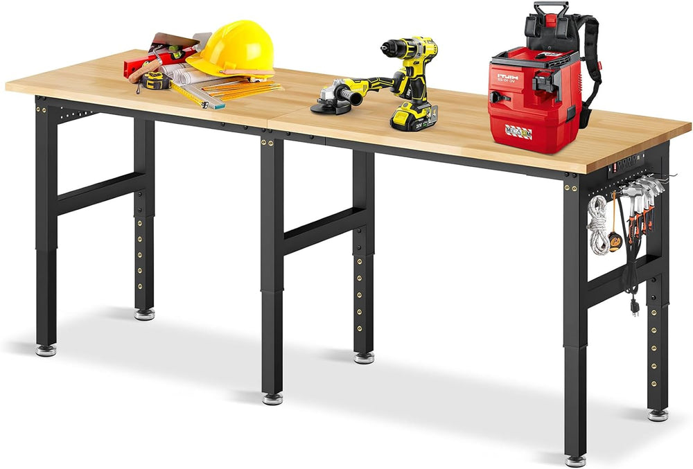 84” Adjustable Height Workbench, 5000 LBS Heavy Duty Table Rubber Wood Workst...