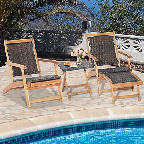 Tangkula Patio Lounge Chair and Side Table Set, Acacia Wood Wicker Folding Ta...
