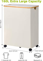 efluky Double Laundry Hamper with Wheels, Divided Laundry Hamper with Removable Bags, 2 Section Dirty Clothes Basket with Handles for Bathroom, Bedroom & Laundry Room, 160L Beige