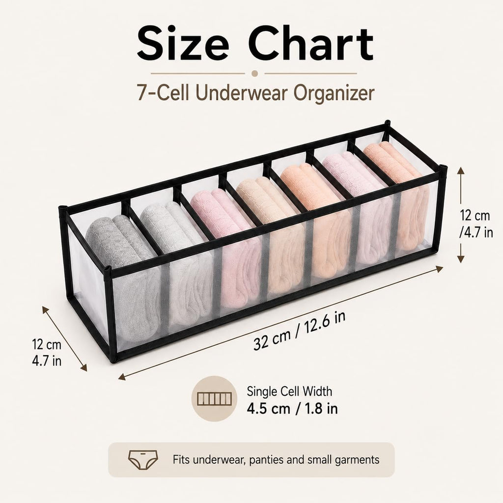 Nylon Drawer Dividers Breathable Mesh Organizers With Reinforced Edges For Lingerie, Socks, Underwear And Travel, 7 Grid