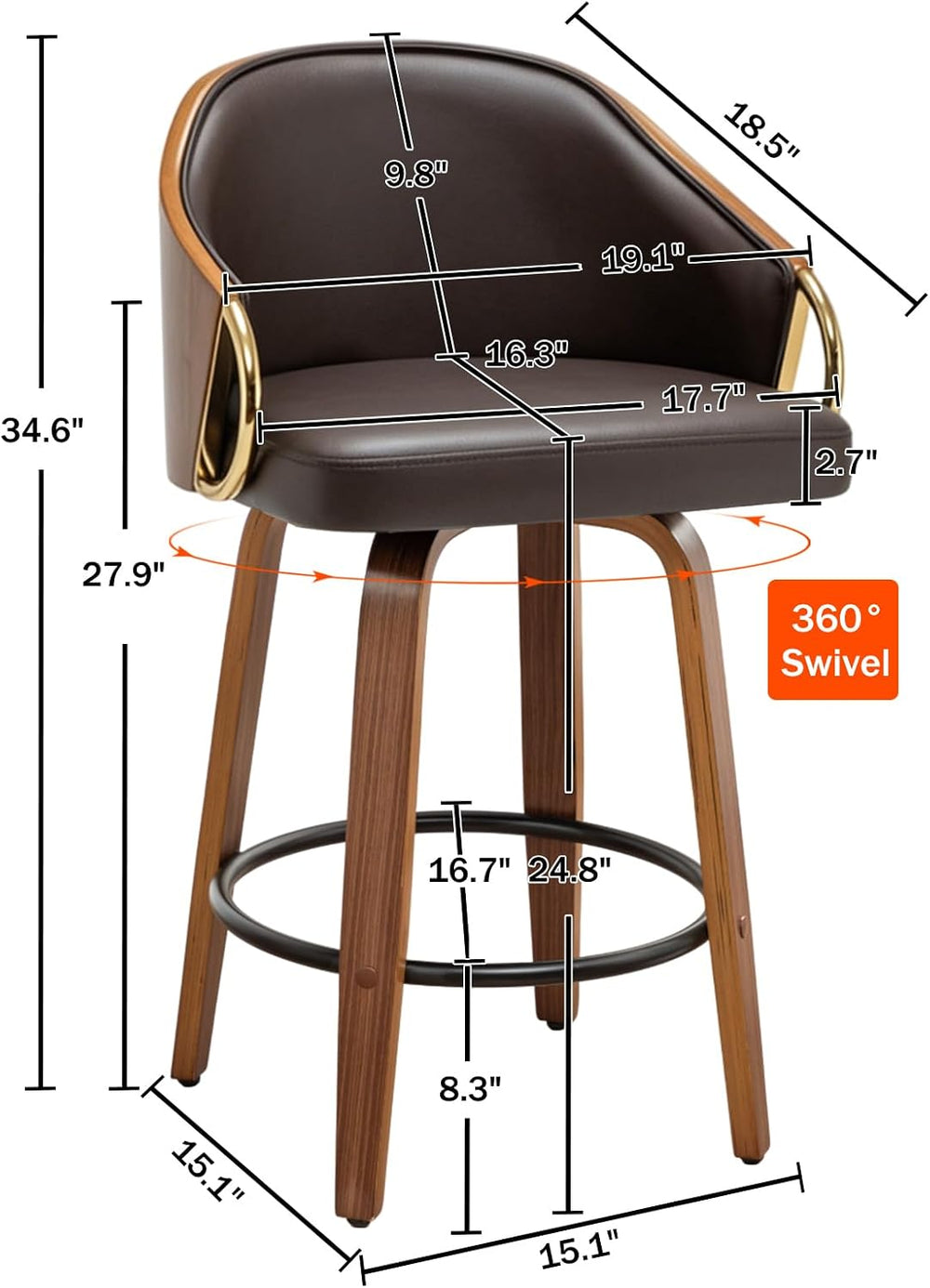 24.8" Swivel Counter Height Bar Stools Set of 2,Brown Leather Barstools ...
