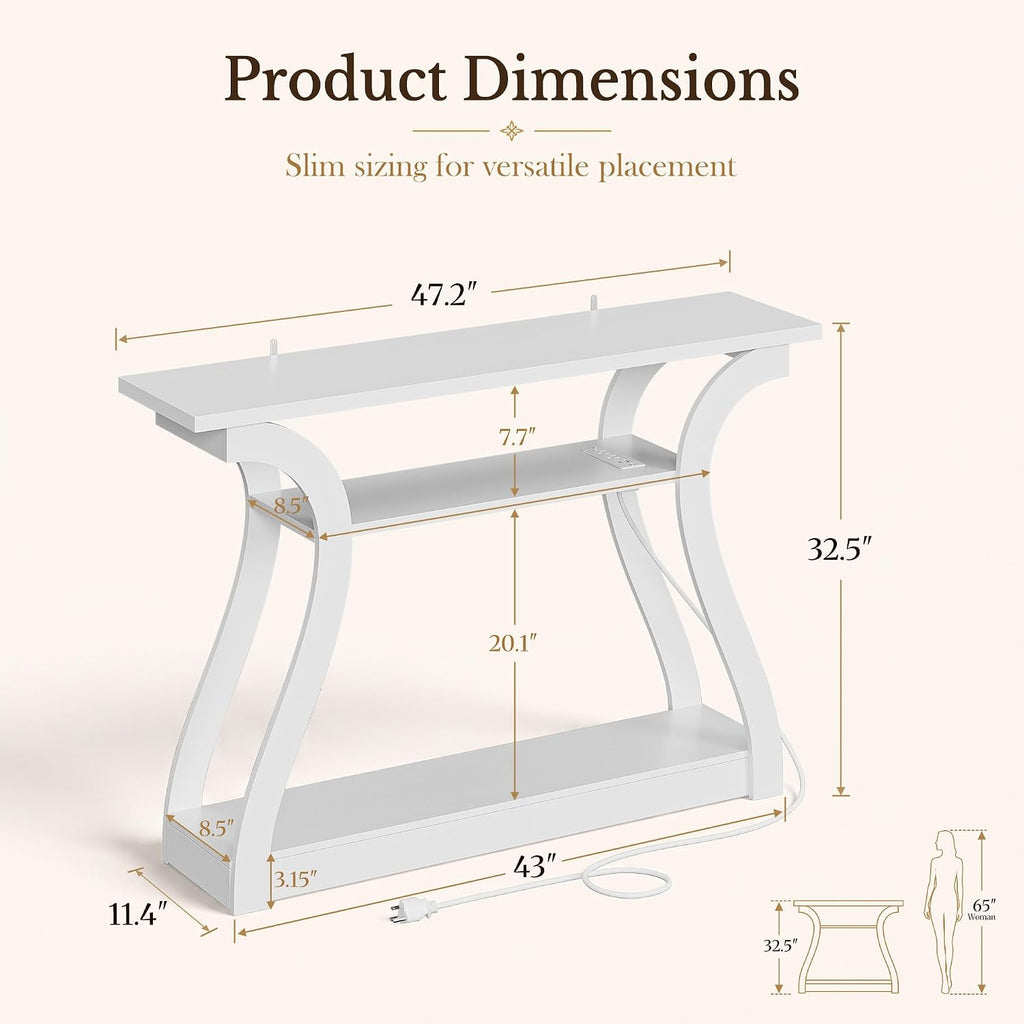SUPER DEAL 47 in Wood Console Table with Charging Station, 3 Tier Narrow Entryway Table with Curved Frame and 2 Open Storage Shelves Accent Sofa Table for Hallway Living Room Bedroom, White
