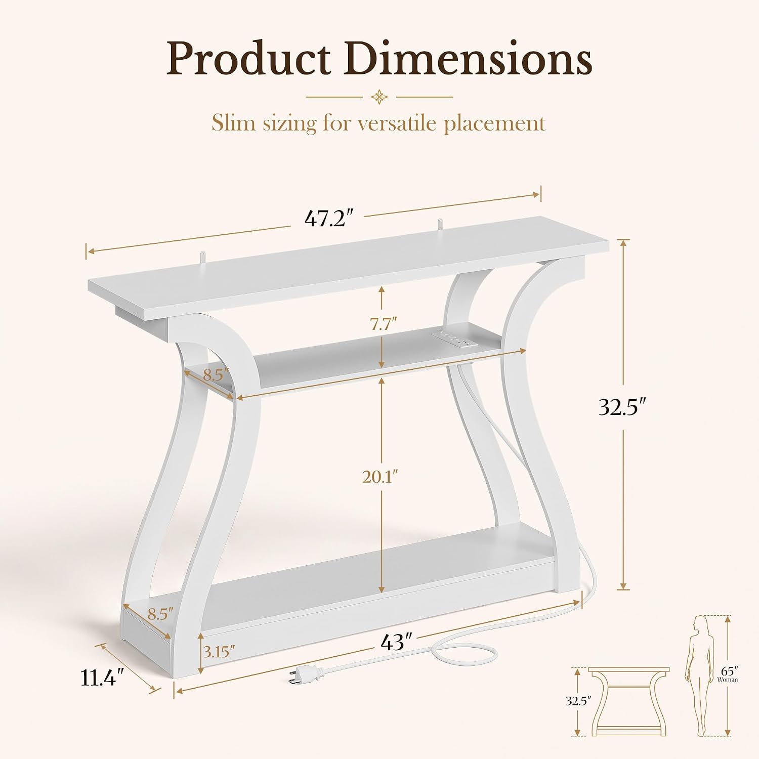 SUPER DEAL 47 in Wood Console Table with Charging Station, 3 Tier Narrow Entryway Table with Curved Frame and 2 Open Storage Shelves Accent Sofa Table for Hallway Living Room Bedroom, White