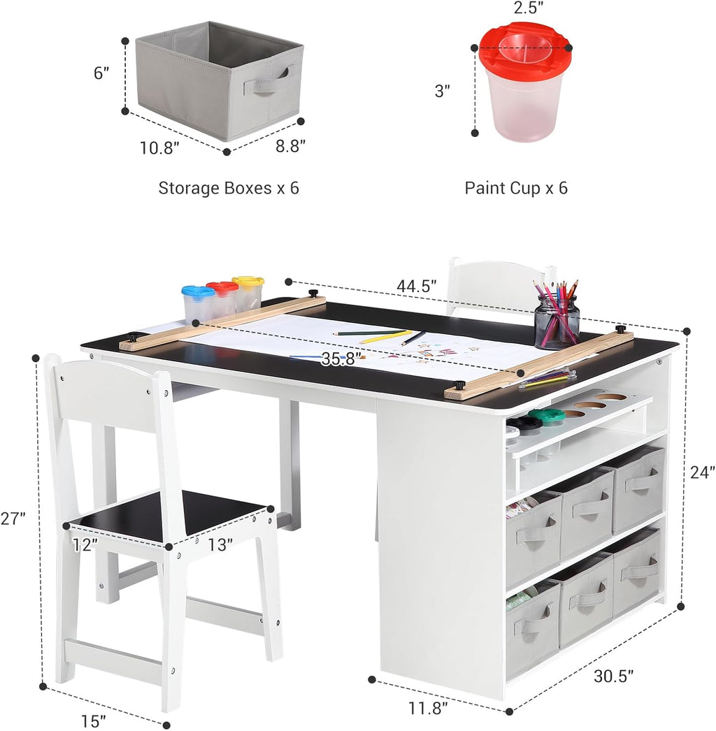 4-in-1 Kids Art Table and 2 Chairs Set, Wooden Activity Desk with Storage Bins, Art Easel, Drawing & Study Table for Toddlers, Multi-Functional Children’s Furniture for Home, Playroom, Black
