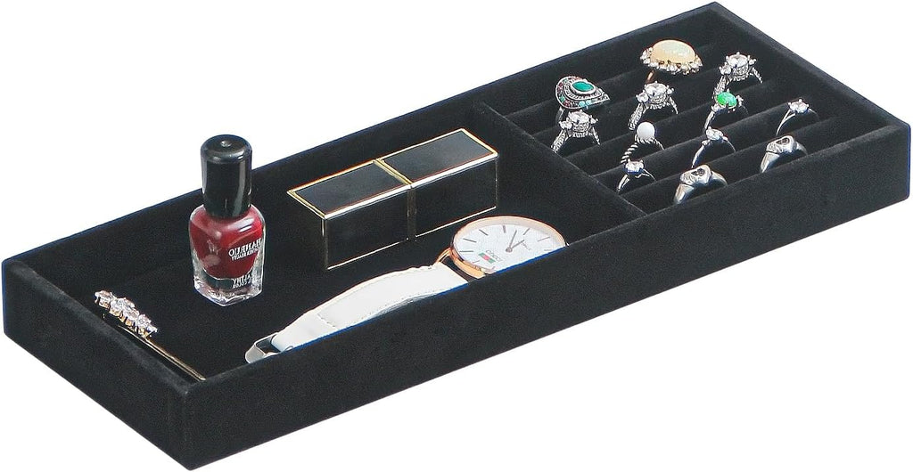 Divided Drawer Organizer - Velvet Jewelry Storage Tray for Necklace, Bracelet, Ring, Earring Display - Bedside Nightstand Desk Holder for Phone, Watch, Sunglasses, Cosmetics Storage - Black, 2 Grid