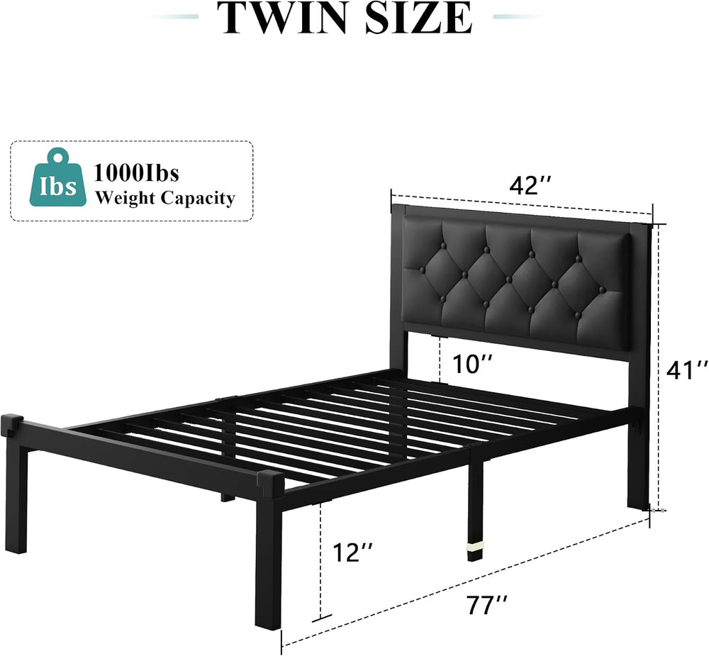 iPormis Twin Size Metal Bed Frame, Faux Leather Platform Bed Frame with Butto...