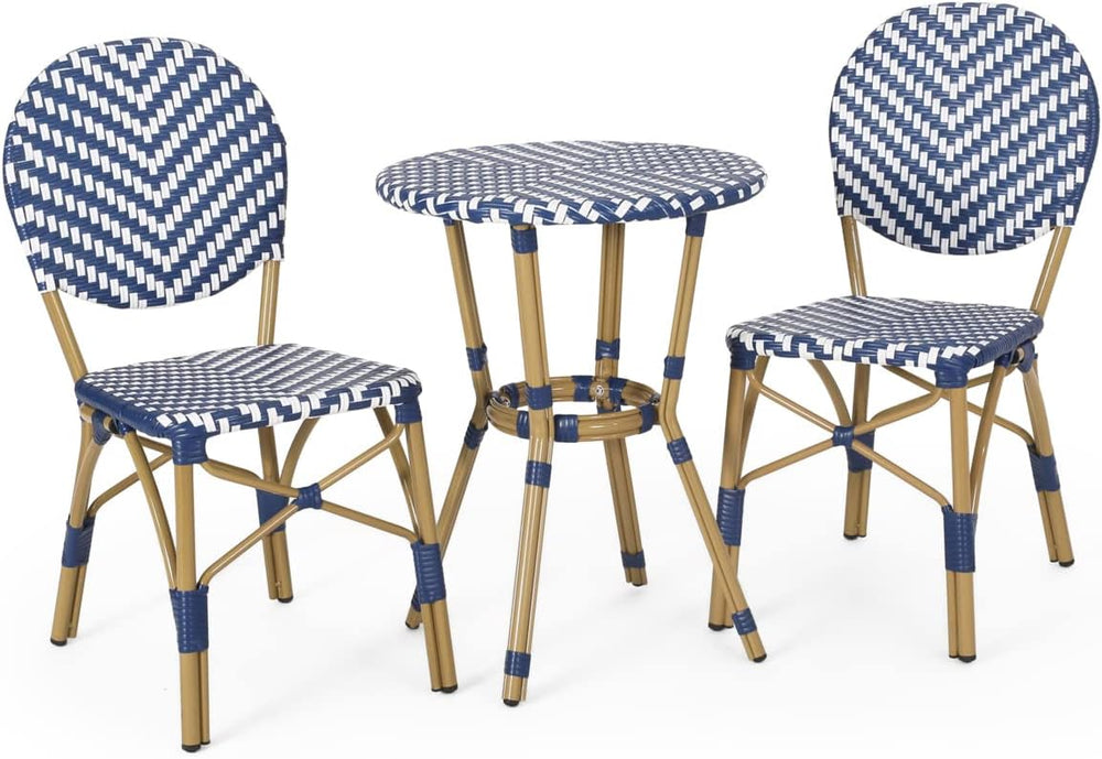 Christopher Knight Home Picardy Bistro Set, Navy Blue + White + Bamboo