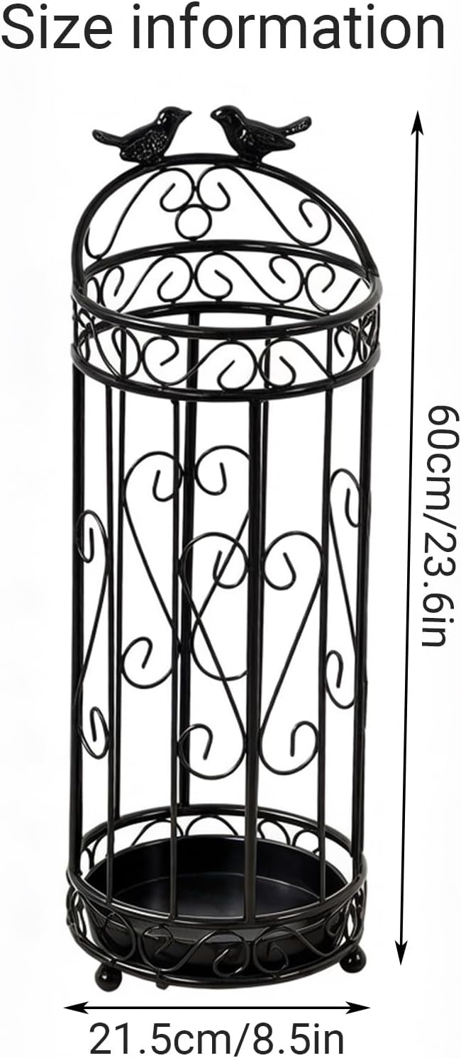 Round Metal Umbrella Basket with Removable Drip Tray Large Capacity Commercial Vintage Umbrella Holder with Hollow Design for Entryway, Hallway(Black)