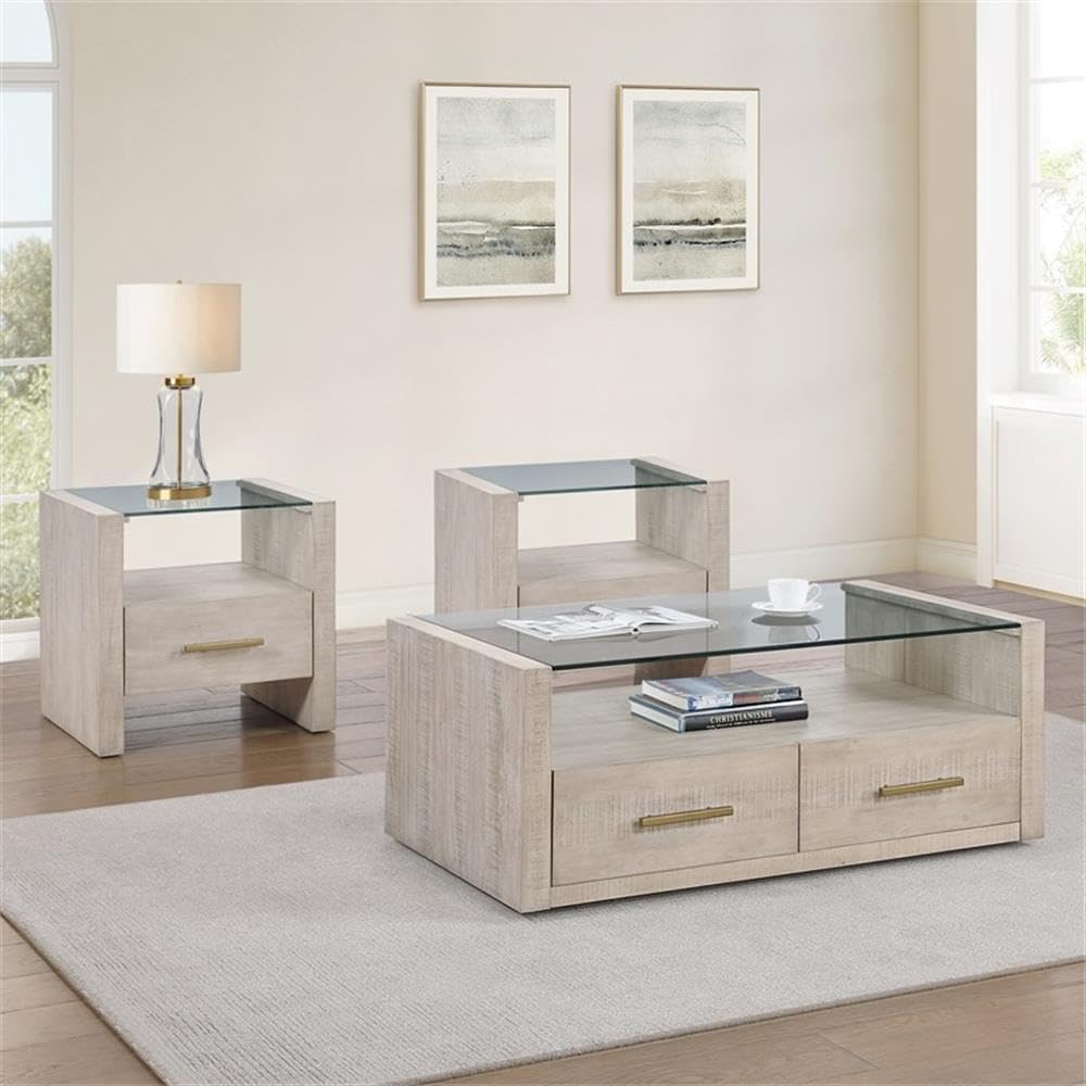 Pemberly Row Contemporary 3-Piece Coffee Table Set, Acacia Wood Veneers, Toff...