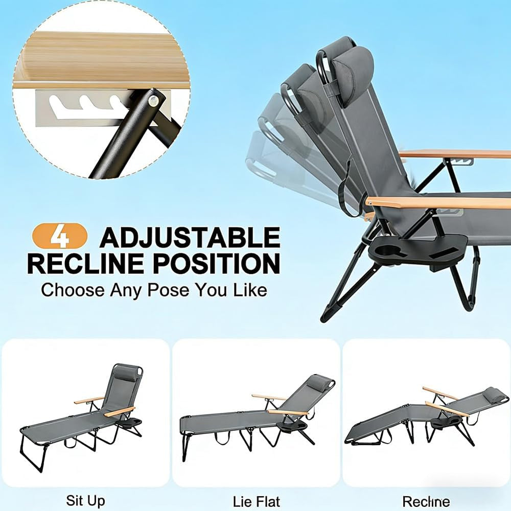 Folding Lounge Chair with Adjustable Canopy, Portable Sun Lounger with 4-Posi...