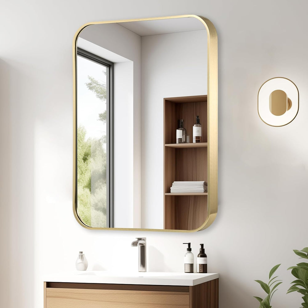 22x30 Inch Gold Bathroom Mirror, Brushed Brass Gold Metal Framed Rectangular ...