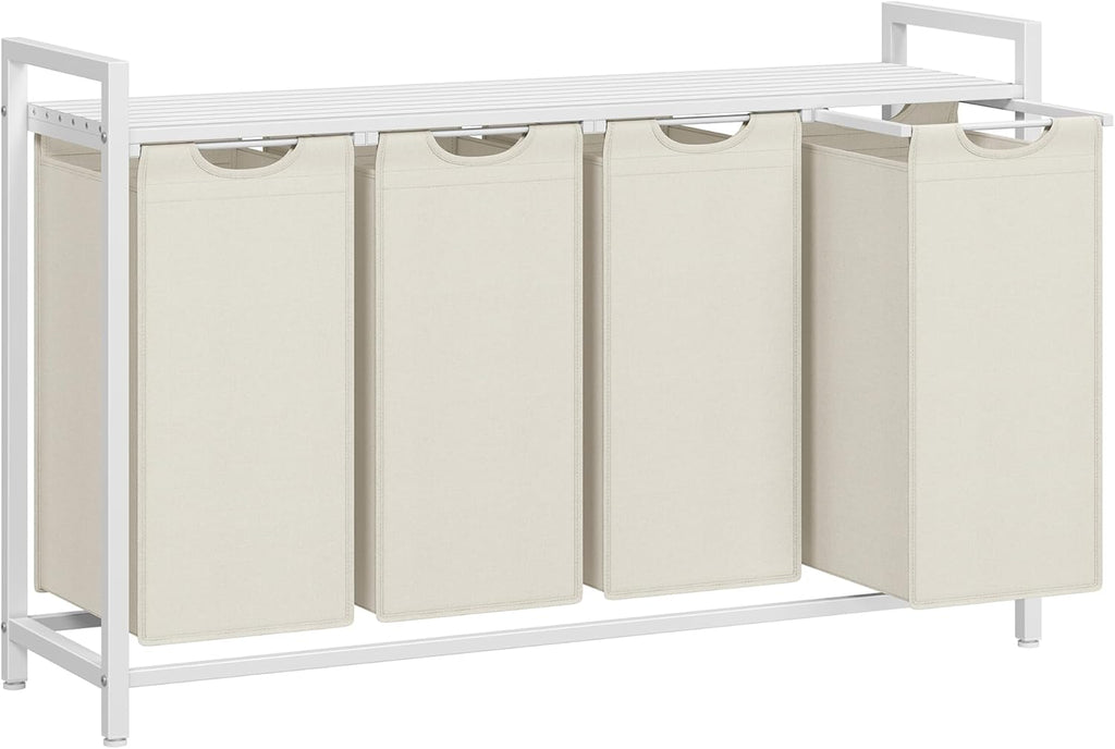 VASAGLE Laundry Hamper, Laundry Basket, Laundry Sorter with 4 Pull-Out and Removable Bags, Shelf, Metal Frame, 4 x 10.6 Gallons (40 L), 45.7 x 13 x 28.4 Inches, Cream White and Cloud White UBLH401W01