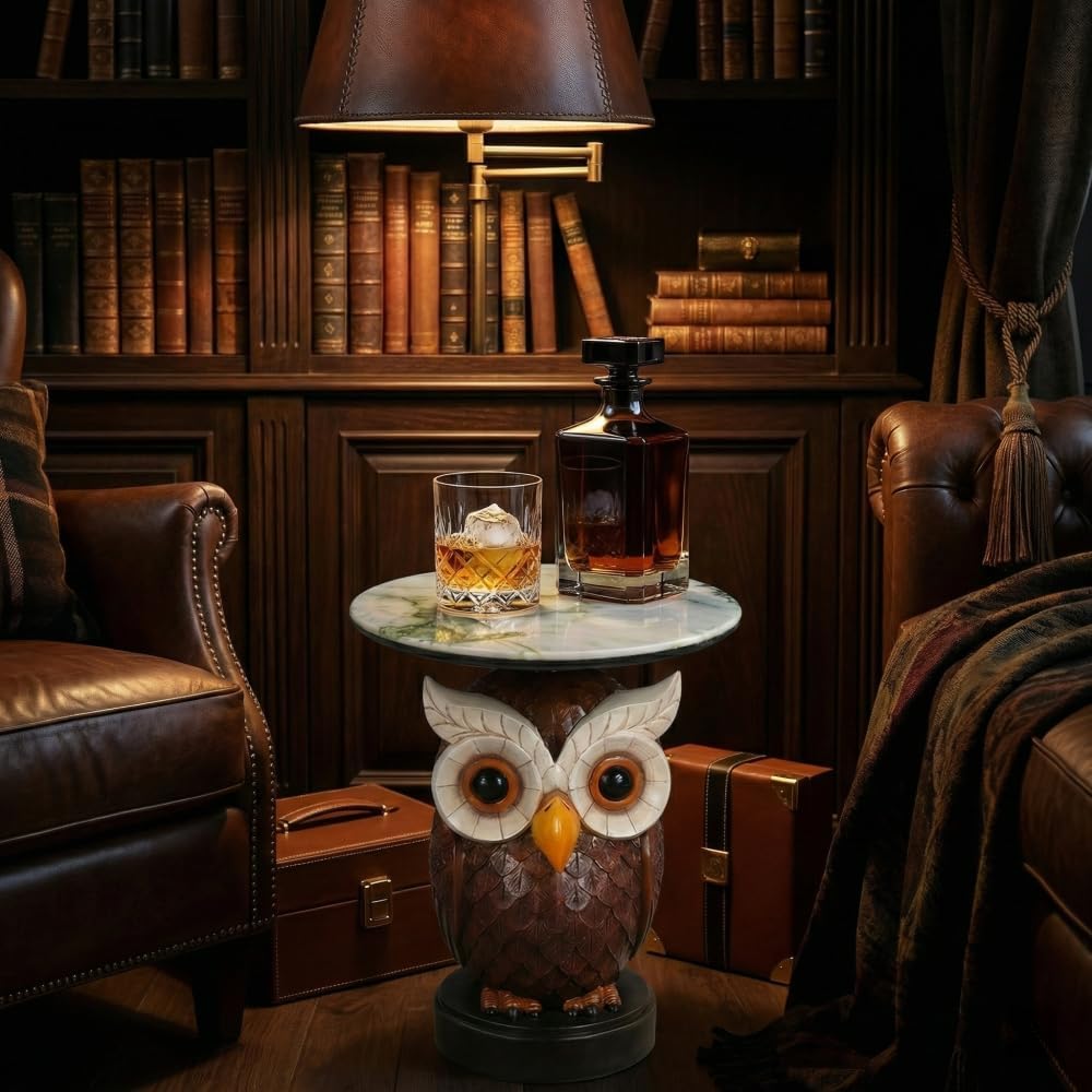 Owl Side Table, Round End Table with Faux Marble Top, Resin Owl Statue Base, ...