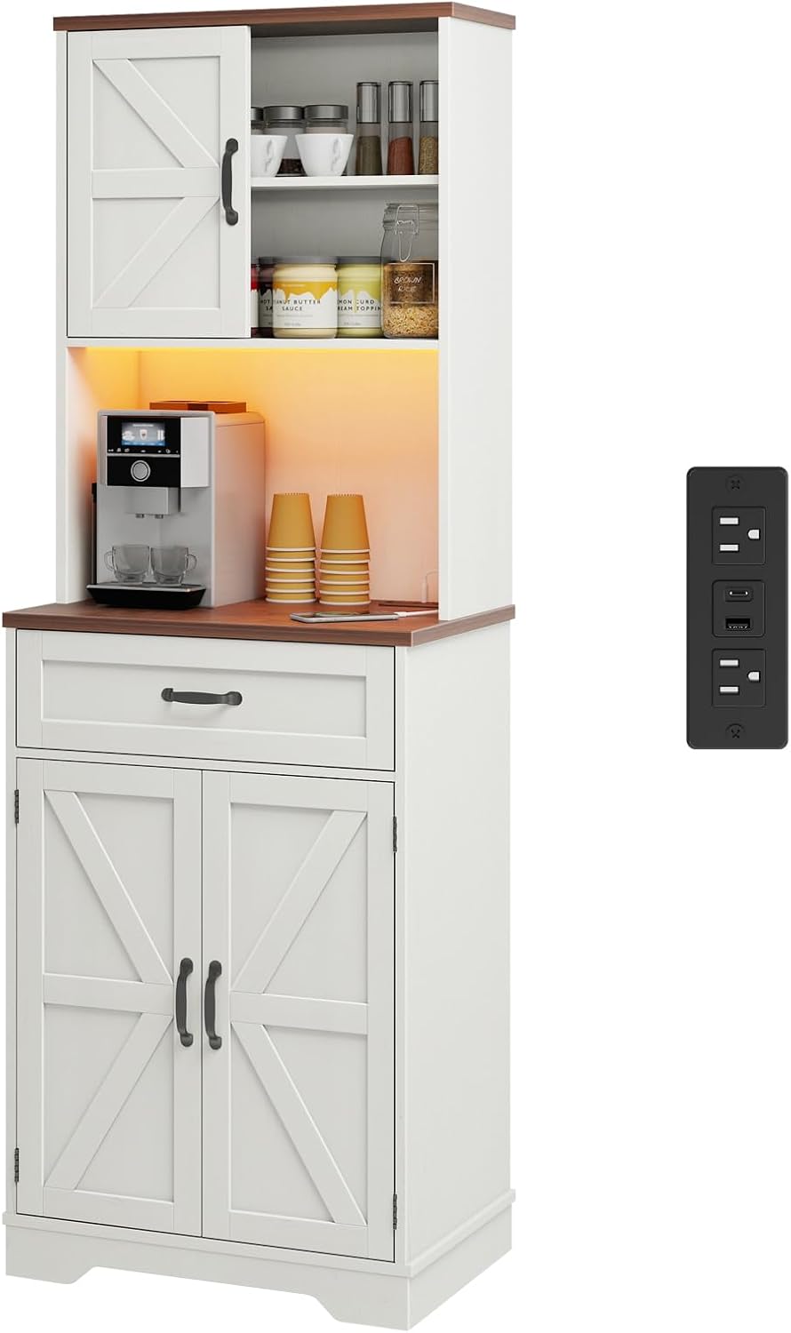 Vabches 68" Farmhouse Storage Cabinet with LED Light & Charging Stat...