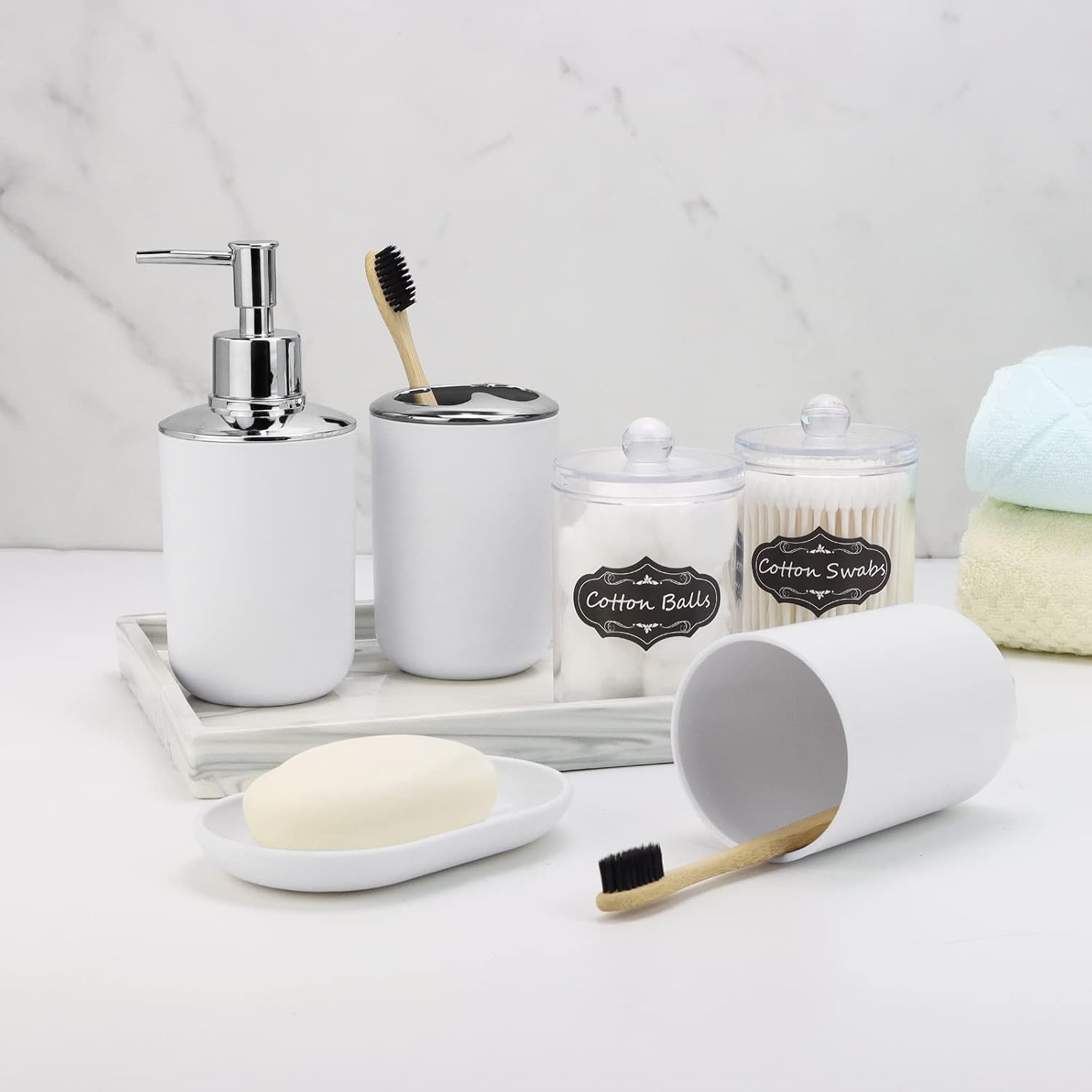 White Bathroom Set,9 Piece Bathroom Accessories Set,Tray,Soap Dispenser,Toothbrush Holder,Toothbrush Cup,Soap Dish,Toilet Brush,Qtip Holders,Trash Can for Bathroom Décor and Housewarming Gifts