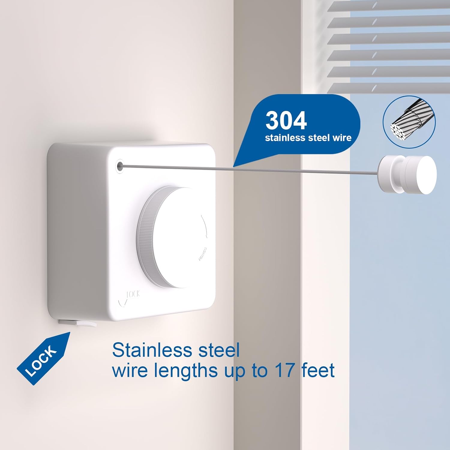 Suntree Retractable Clothesline in White - 16.4ft No-Sag Stainless Steel Cable, 5 Clips, 2 Installation Kits (No Drill/Drill), 44lb Heavy Duty Wall Mount Indoor Outdoor Laundry Drying Rack