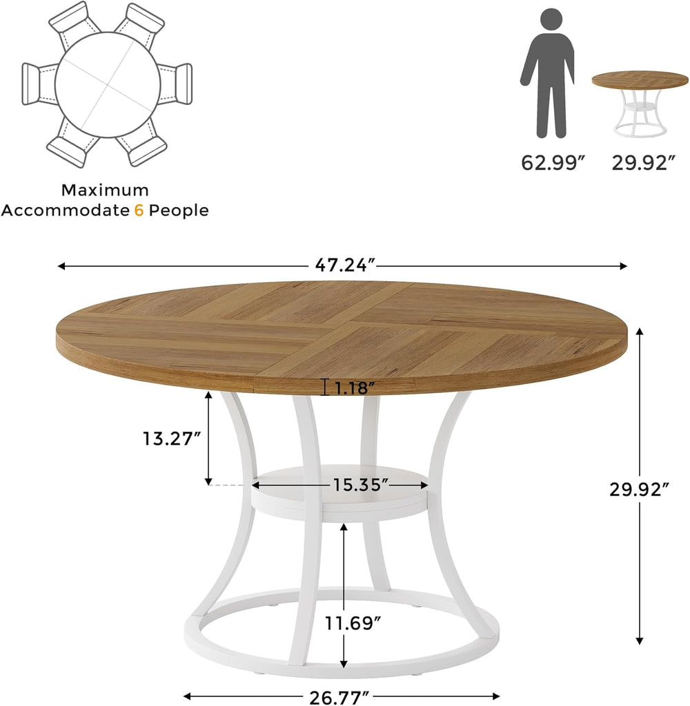 47'' Round Dining Table for 4-6, Farmhouse Dining Room Table with Sto...
