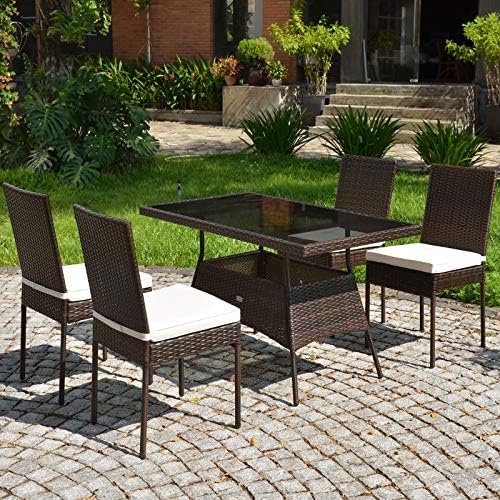 Tangkula 5 Piece Patio Wicker Dining Set, Outdoor Rattan Table and Chairs wit...