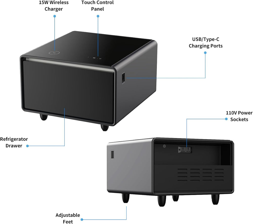 LUMISOL Smart Side Table with Built-in Fridge, Wireless Charging, Temperature...