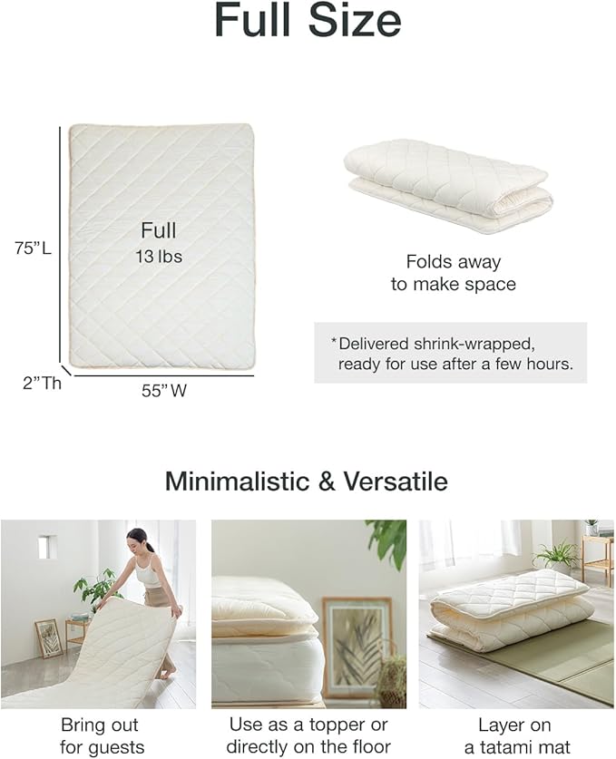 FULI Japanese Futon, Foldable & Portable Floor Lounger Bed, Roll Up Sleeping Pad, Shikibuton, Made in Japan (White, Full)