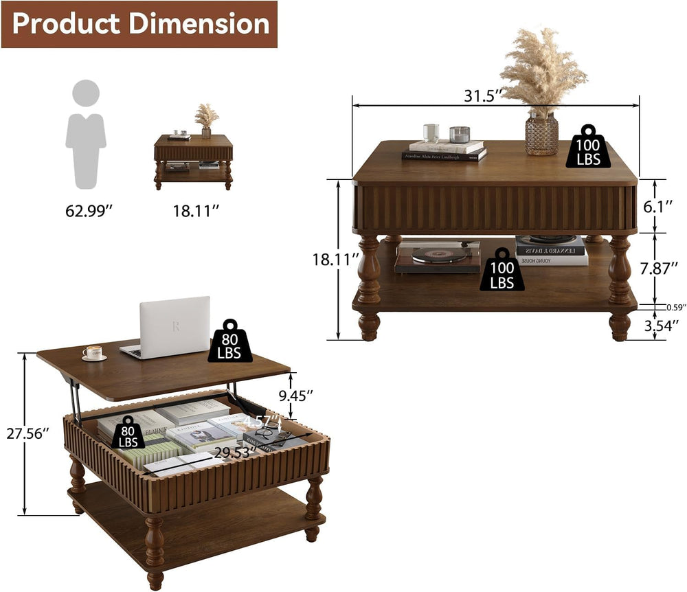 Lift Top Coffee Table Hydraulic Raising, 31.5 Inch Square with Hidden Storage...