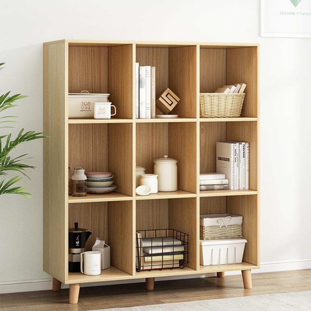 IOTXY Open Cube Low Bookcase - 3-Tier Freestanding Storage Display Cabinet Organizer with Legs for Home Office, 9-Cubes Open Shelf Short Bookshelf, Oak