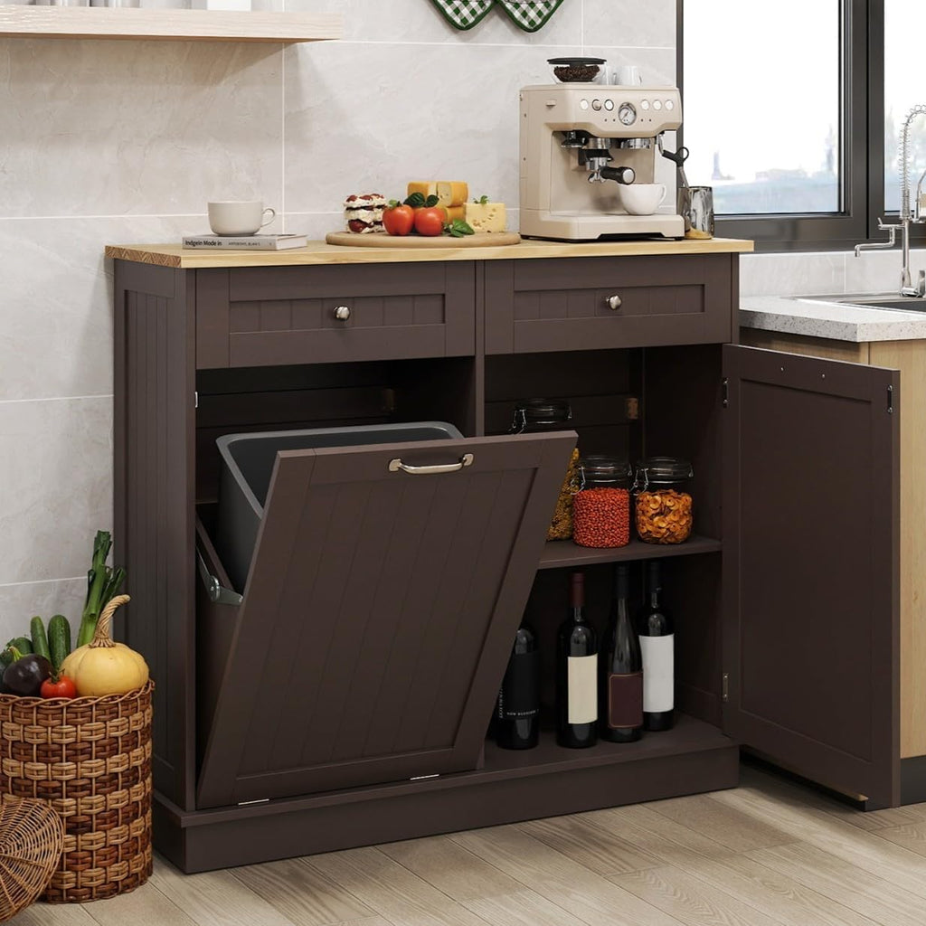 Tilt Out Trash Cabinet, Laundry Cabinet with 2 Drawers & Adjustable Shelf, Rubber Wood Counter Top, Recycle Bins for Dining Room, Kitchen (Brown)