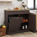 Tilt Out Trash Cabinet, Laundry Cabinet with 2 Drawers & Adjustable Shelf, Rubber Wood Counter Top, Recycle Bins for Dining Room, Kitchen (Brown)