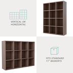 12-Cube Storage Shelf Bookcase - Wooden 3-Tier Floor Standing Open Bookshelf for Home and Office, Cuby Orgainzer, Walnut