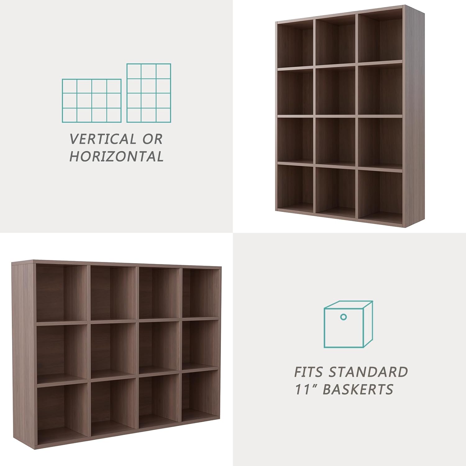 12-Cube Storage Shelf Bookcase - Wooden 3-Tier Floor Standing Open Bookshelf for Home and Office, Cuby Orgainzer, Walnut