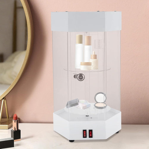 2-Tier Electric Rotating Jewelry Display Case with LED Lights - Acrylic Hexagonal Showcase with Lockable Door - for Watches, Cosmetics & Collectibles