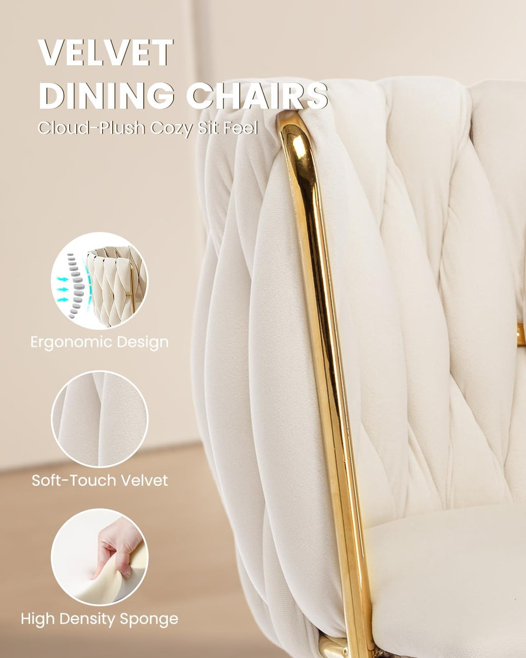 38.9" Round Glass Dining Table Set for 4, Modern Kitchen Table with 4 Upholstered Velvet Chairs, Tempered Glass Top with Golden Steel Base, 5 Pieces Dining Table Set for Small Space - Beige
