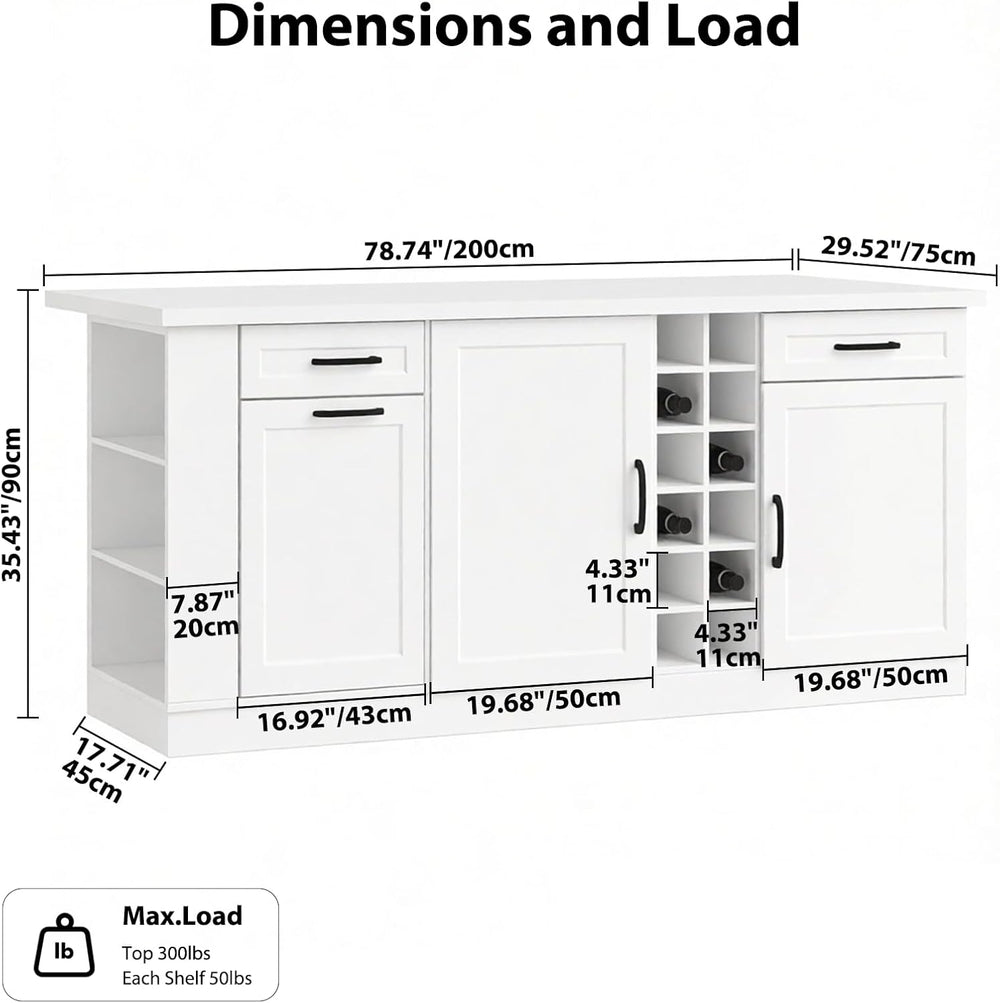 Large Kitchen Island,Wood Freestanding Islands with Storage Drawers, Trash Ca...