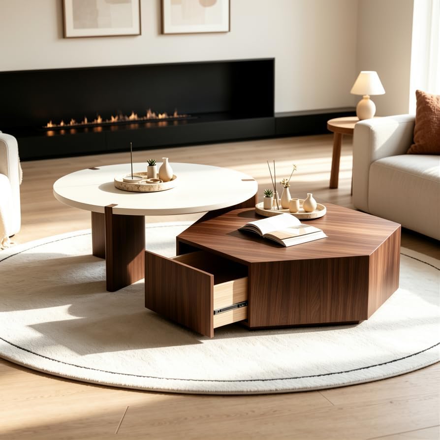 Round Nesting Coffee Table for Living Room, Hexagonal Side Table Set | White ...