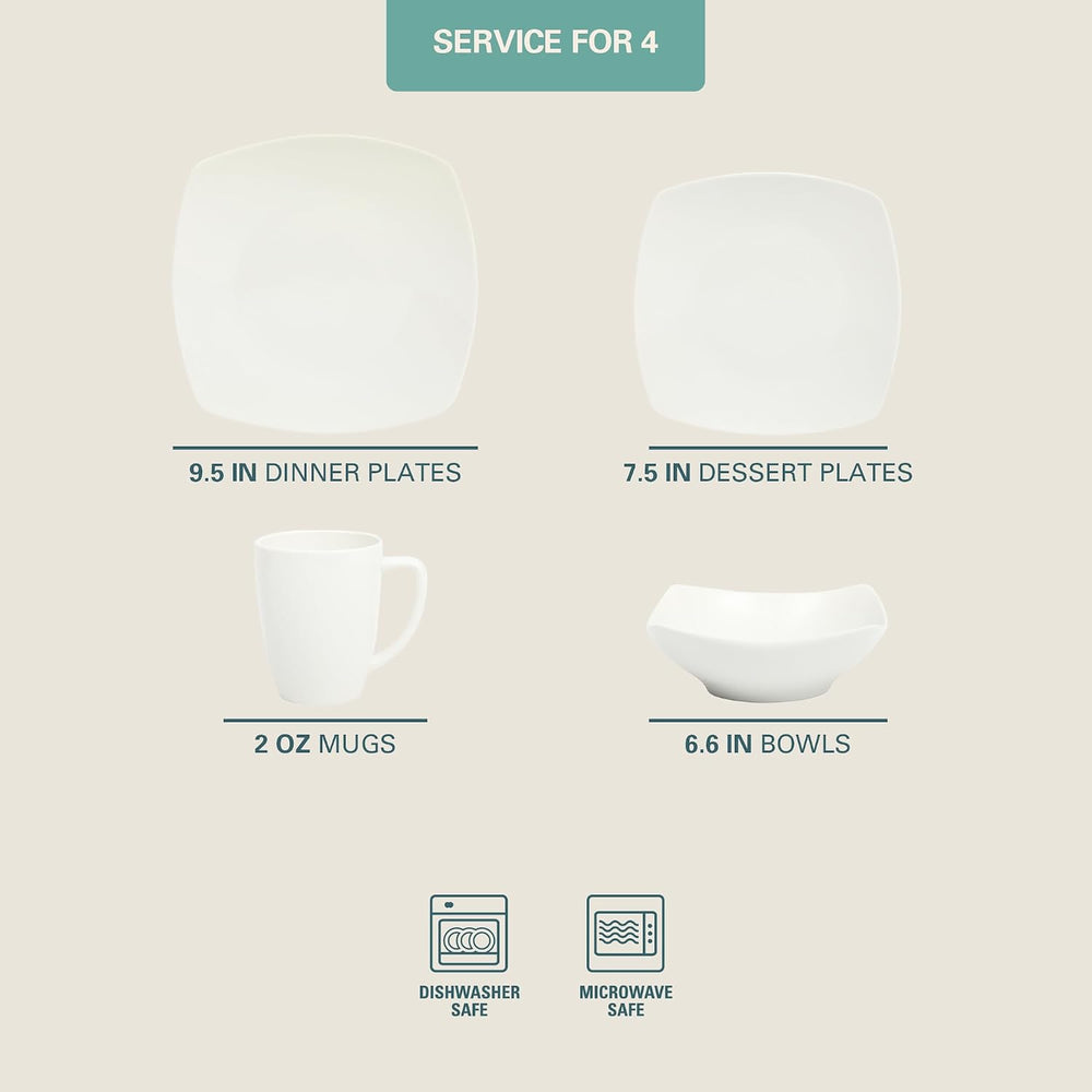 Gibson Home Zen Buffet White Porcelain Dinnerware Set for 4, Square Plates Bo...