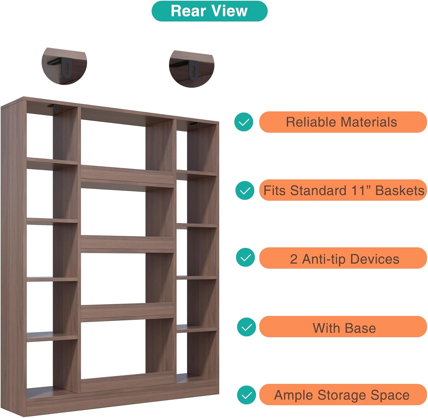 Cube Storage Bookcase with Base - Large Wooden Bookshelf with 10 Open Cubes and 4 Shelves for Home and Office, Freestanding Organizer, Walnut