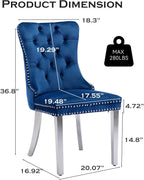 Velvet Upholstered Dining Chairs Set of 2, Modern Style Kitchen Side Chairs with Nailhead Trim and Silver Plated Leg, Metal Pulling Ring for Dining Room Living Room(Blue-Silver Plated Leg)