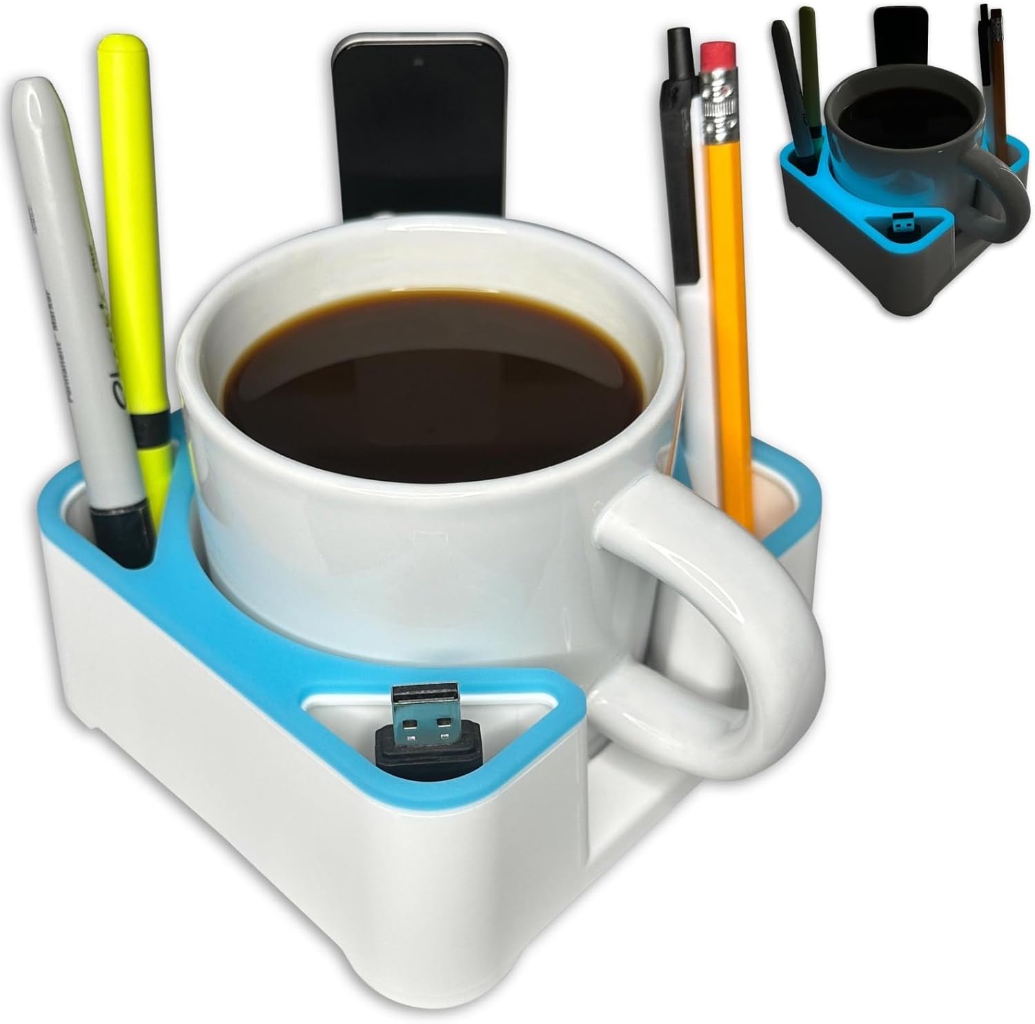 MugBrick Drink Holder for Couch, Bed, Car, Boat - Non-Spill Table and Desk Cup Holder, Tip Proof Spill Prevention Organizer, White + Blue Glow