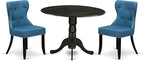 East West Furniture DLSI3-BLK-21 3 Piece Dining Table Set for Small Spaces Contains a Round Dining Room Table with Dropleaf and 2 Blue Linen Fabric Parsons Chairs, 42x42 Inch, Black