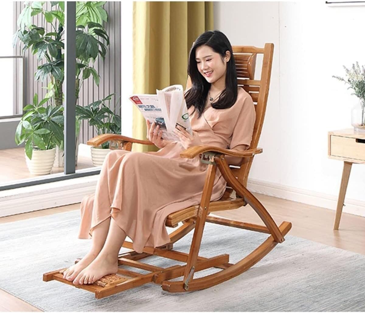 Wood Recliner Folding Chair with Footrest,Comfy Rocking Armchair with Upholstered,Comfy Glider Rocker(Blue)