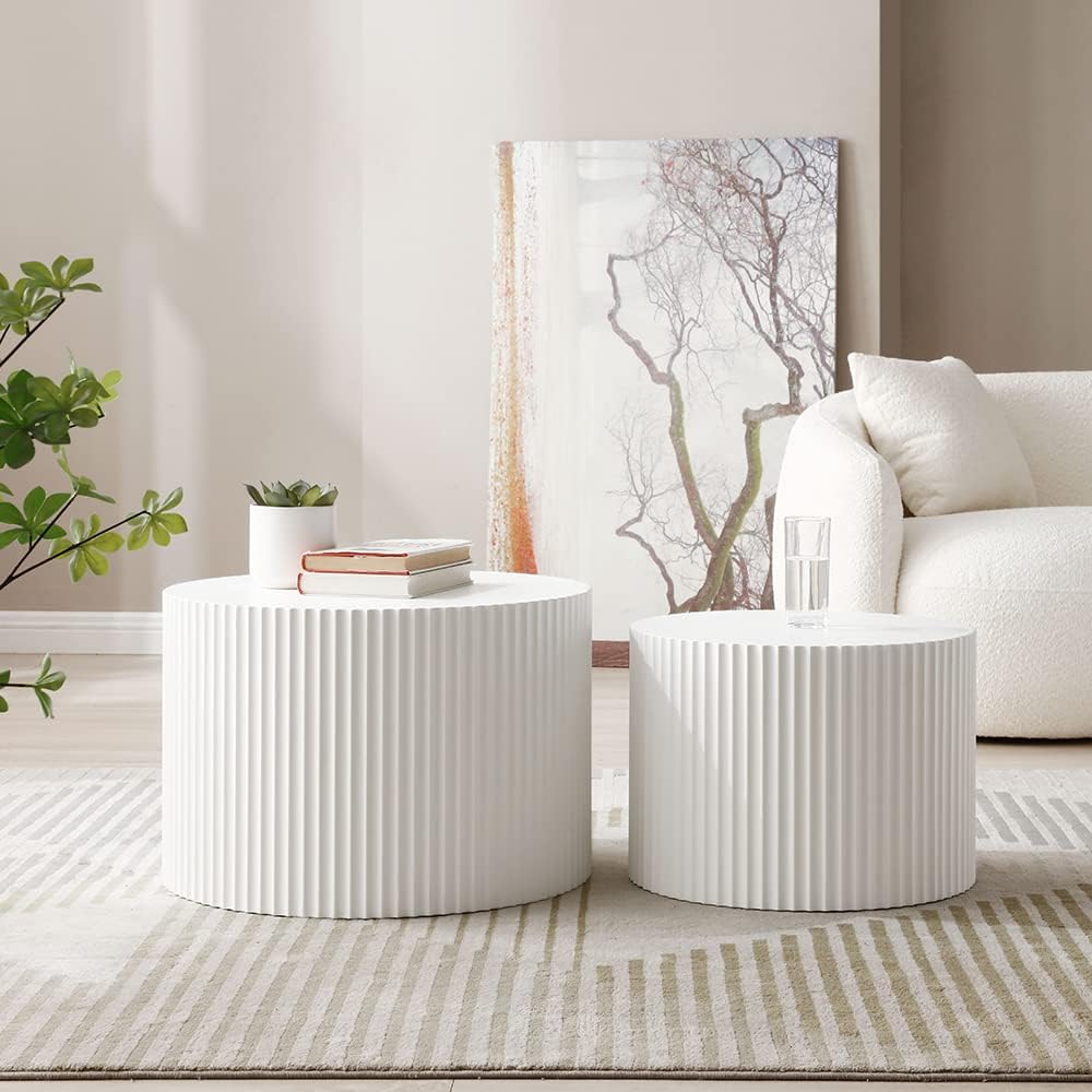 WILLIAMSPACE Black Round Nesting Coffee Table Set of 2, Modern Wooden Center Tables Accent End Tea Table for Living Room Apartment, No Need Assembly (White-Round)