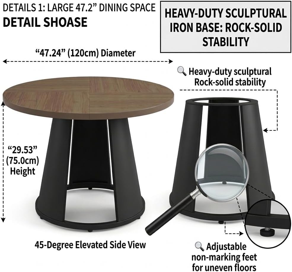 HIPIHOM 47.2” Round Dining Table Set for 4 Modern Wood Table with 4 Upholstered Leather Chairs, Metal Pedestal Base, Space-Saving Kitchen & Dining Furniture for Small Apartments and Compact Spaces