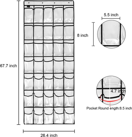 1 Pack 35 Clear Crystal Pockets Large Hanging Shoe Organizer Over The Door Shoe Rack for Closet Door Storage Shoe Holder Hanger, 4Hooks, white (67.7'' x 26.4'')