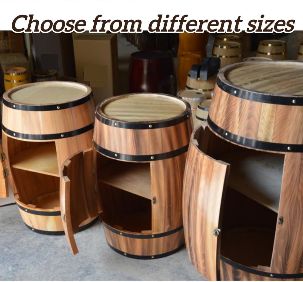 2-Tier Whiskey Barrel Table with Buckle, Solid Wood Barrel Side Table, Wine B...