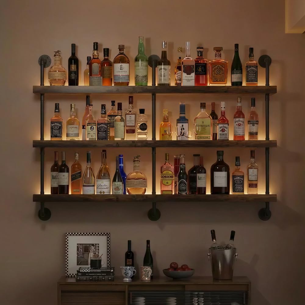 3-Tier Wall Mounted Wine Rack with LED & Bar Shelf | 47.2" Wine Bottles Display Shelf, Liquor Display & Storage, Floating Bar Shelves Wall Mounted, Kitchen, Home Bar & Dining