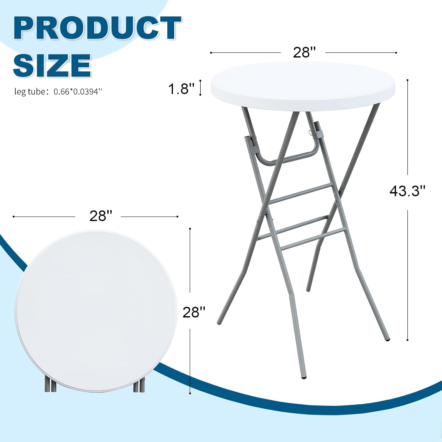 28” Round Folding Bar Table, High Top Cocktail Table with Locking Mechanism, HDPE Waterproof Stain-Resistant Top, Indoor Outdoor Patio Garden Party, White, 1 PCS